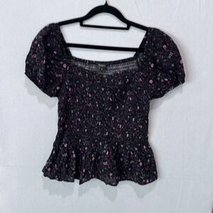 Dark Ditsy Floral Smocked Peplum Top Puff Sleeve Square Neck Small Milkmaid